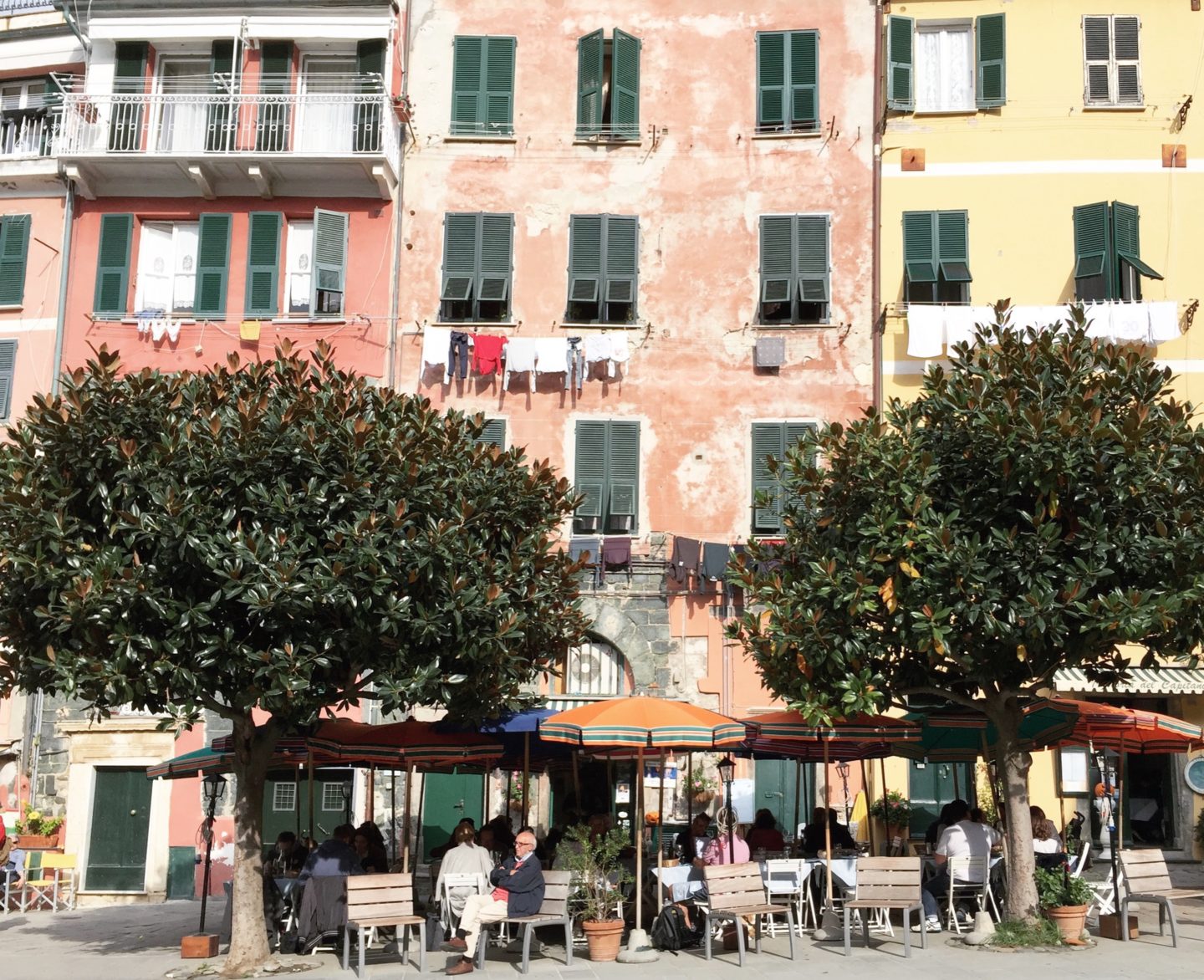 ernazza, Cinque Terre, Italy. Downtown bars and cafes with Italian espressos.